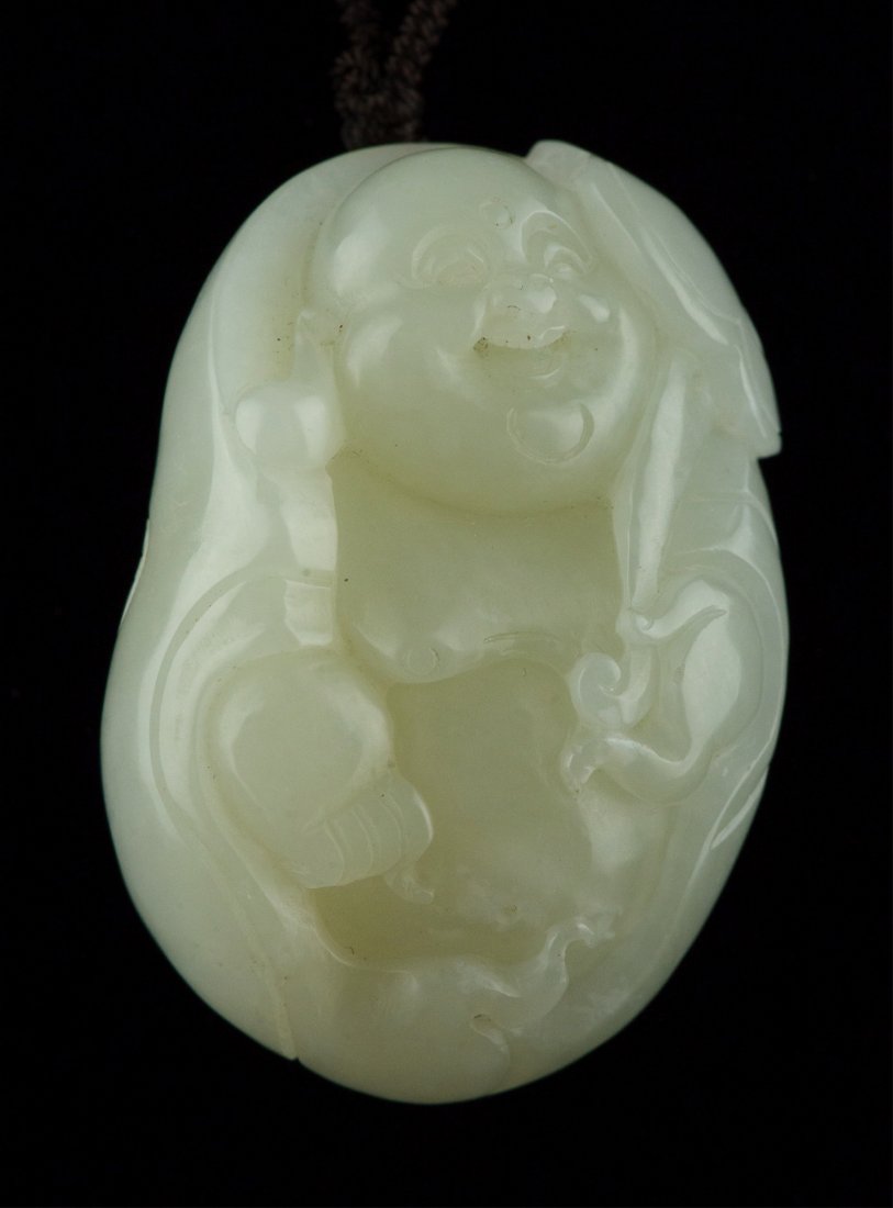 Fine Chinese White Jade Buddha on Bead Necklace