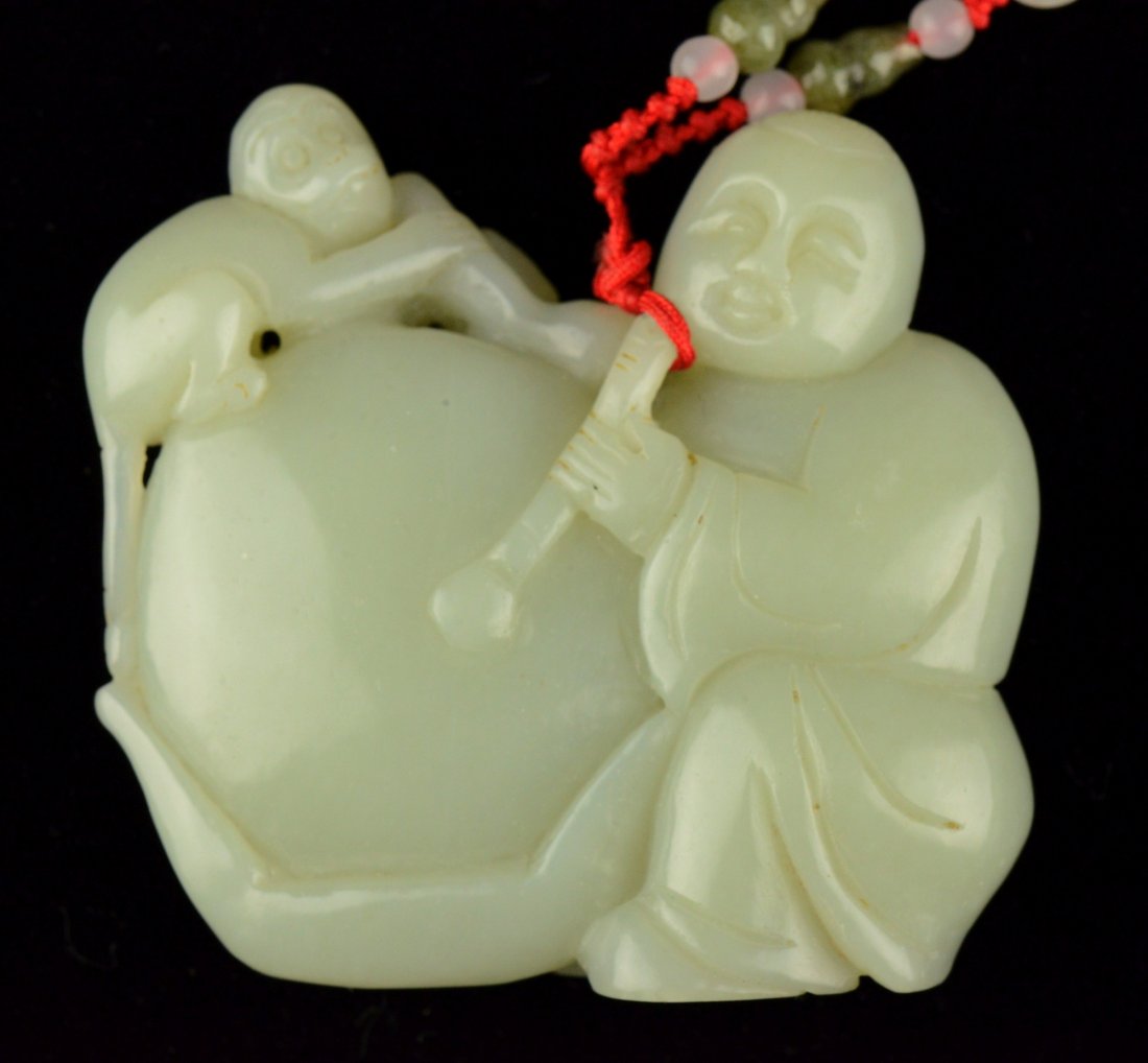 Chinese Celadon Jade Carved Monkey & Boy Pendant