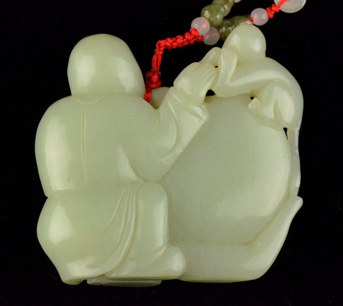 Chinese Celadon Jade Carved Monkey & Boy Pendant - 2