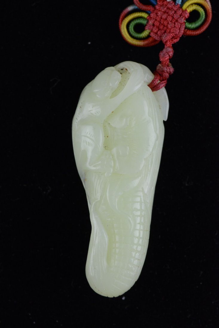 Hetian White Jade Carved Monkey on Corn Pendant - 2