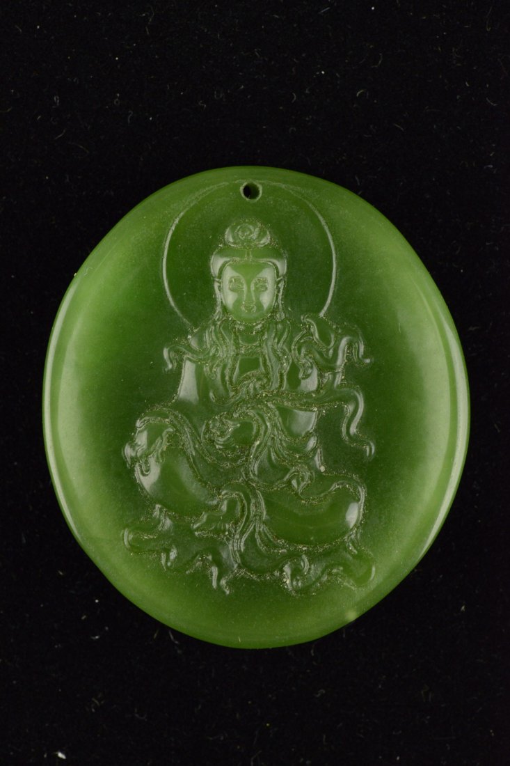 Chinese Emerald Green Jade Pendant Carved Kwanyin
