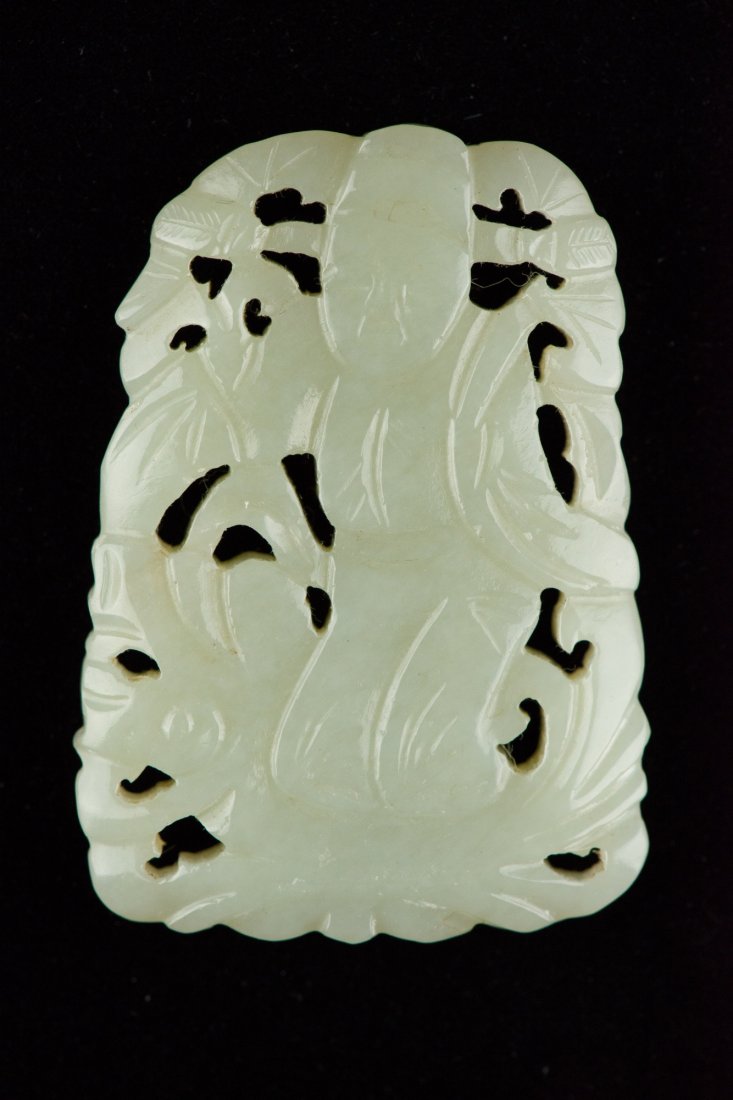 Chinese White Jade Open Works Pendant Carved Man - 2