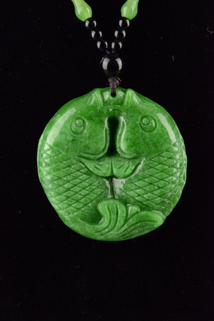 Chinese Necklace w Emerald Green Jade Pendant - 2