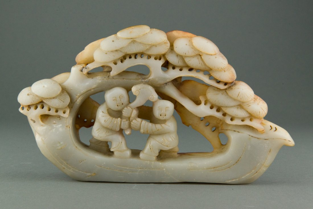 Chinese White Jade Sculpture Carved Men & Ruyi