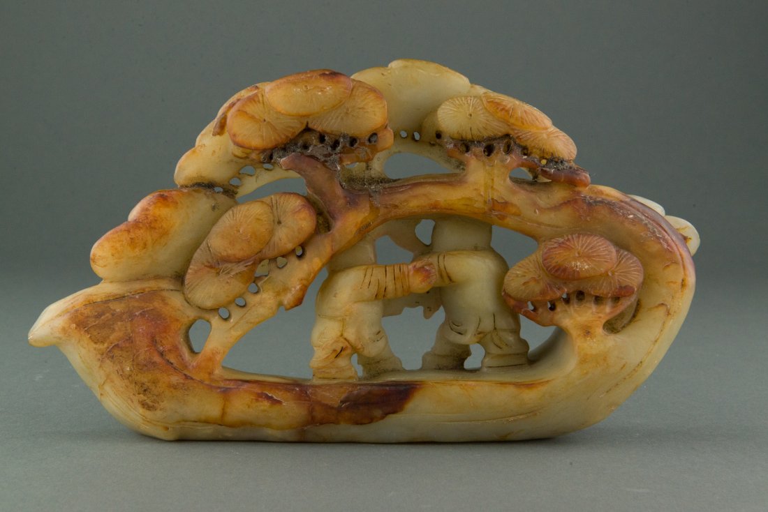 Chinese White Jade Sculpture Carved Men & Ruyi - 2