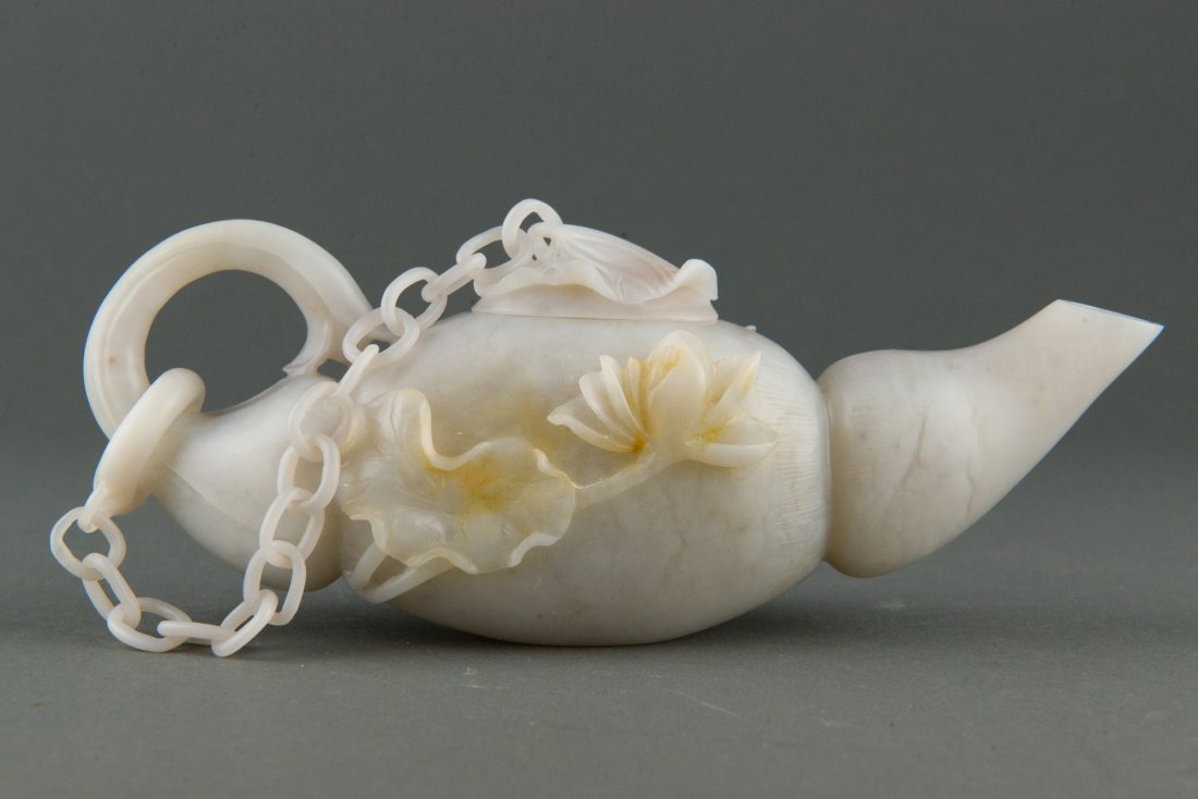 Exquisite Chinese White Jade Carved Teapot w Chain