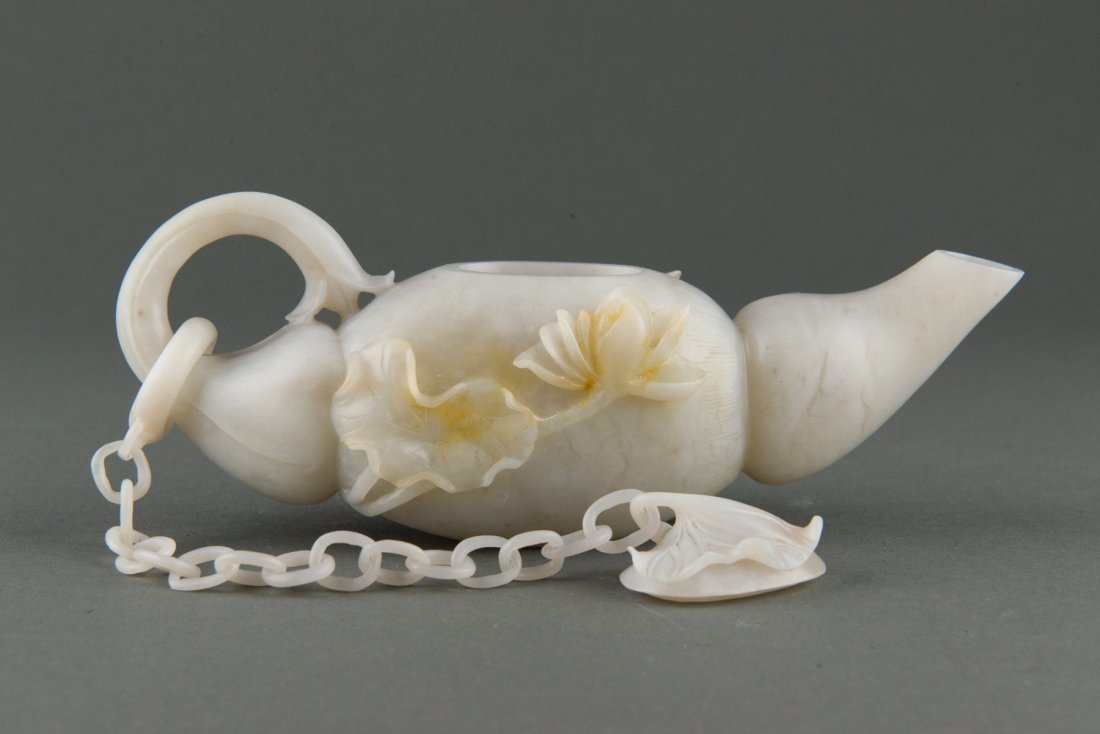 Exquisite Chinese White Jade Carved Teapot w Chain - 2