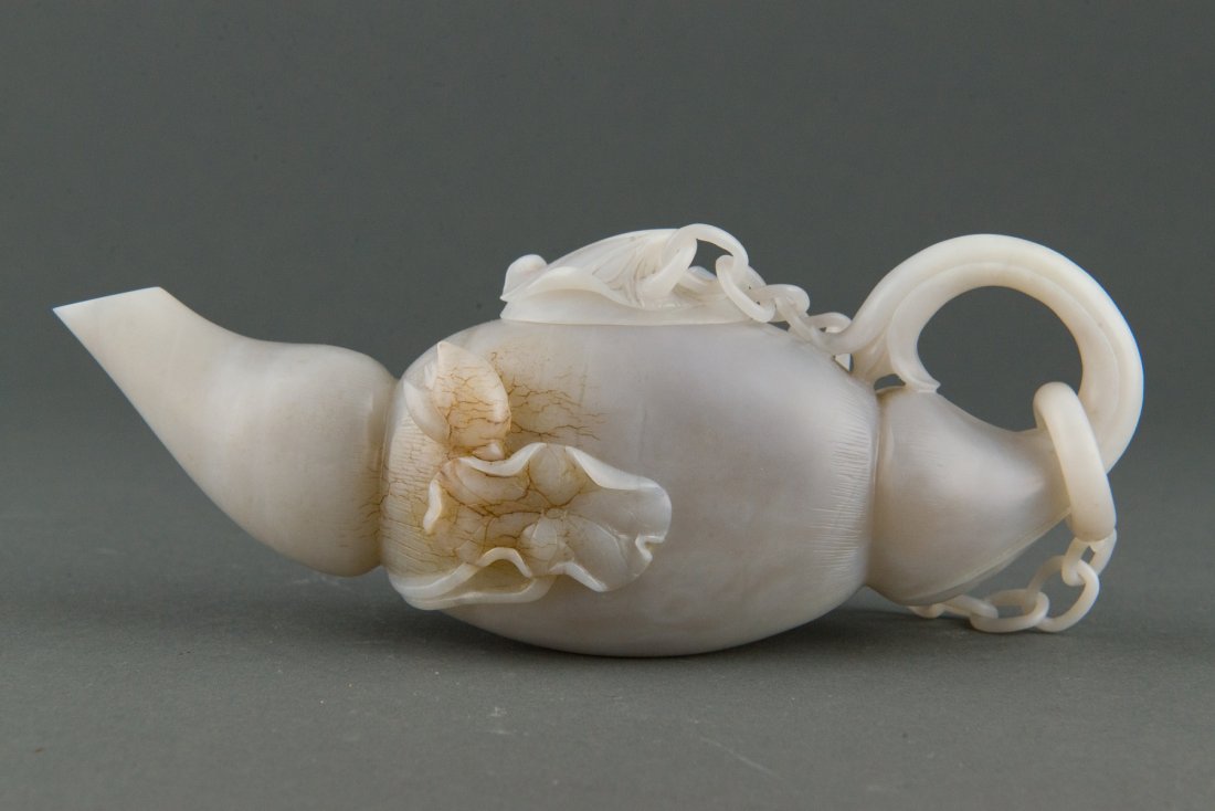 Exquisite Chinese White Jade Carved Teapot w Chain - 3