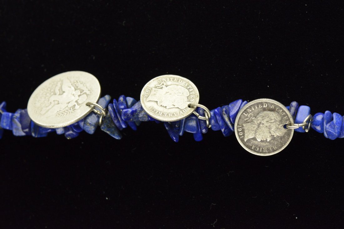 Lapis Lazuli Necklace w Silver Coins Dated 1901 - 3
