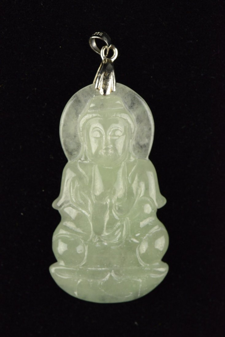 Fine Icy Jadeite Kwanyin Pendant w 925 Silver Bail