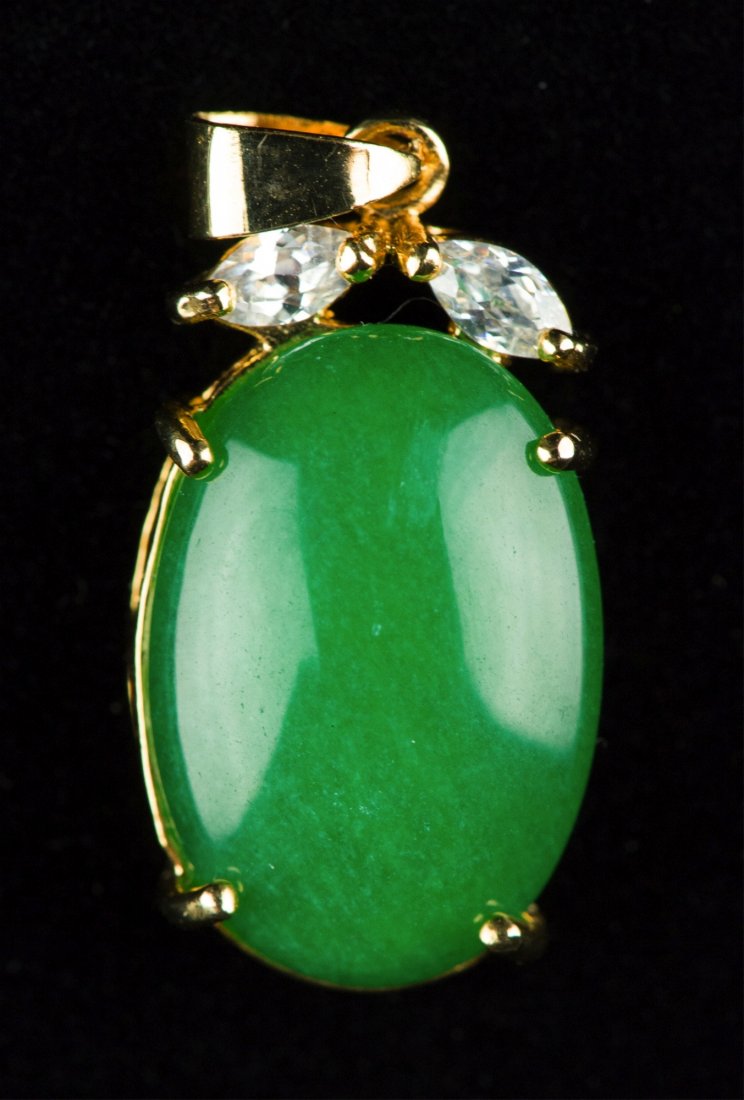 Fine Chinese Emerald Green Jade Pendant 18K Bail