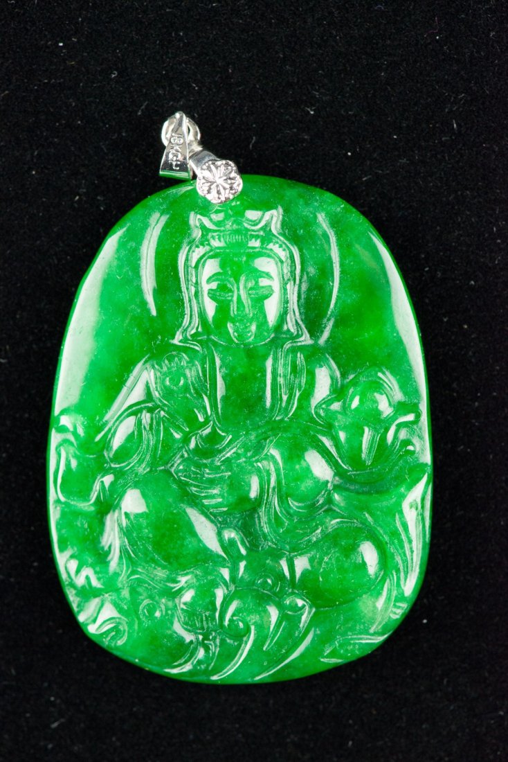 Emerald Green Jadeite Kwanyin Pendant w 18K Bail