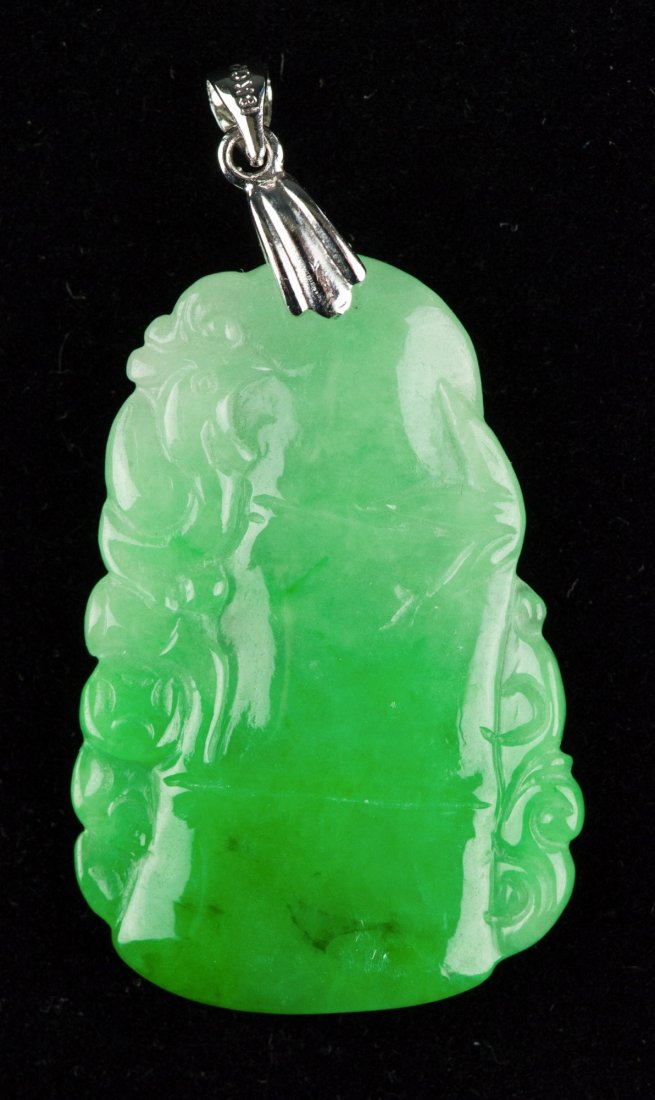 Chinese Jadeite Pendant Carved Phoenix w 18K Bail
