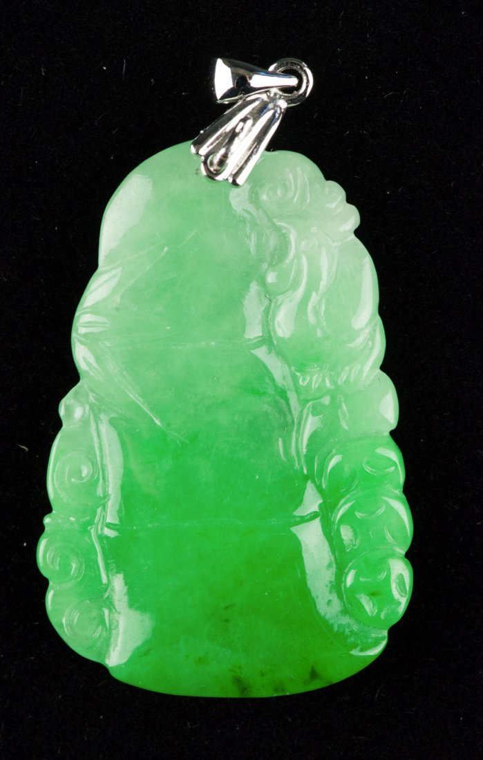 Chinese Jadeite Pendant Carved Phoenix w 18K Bail - 2