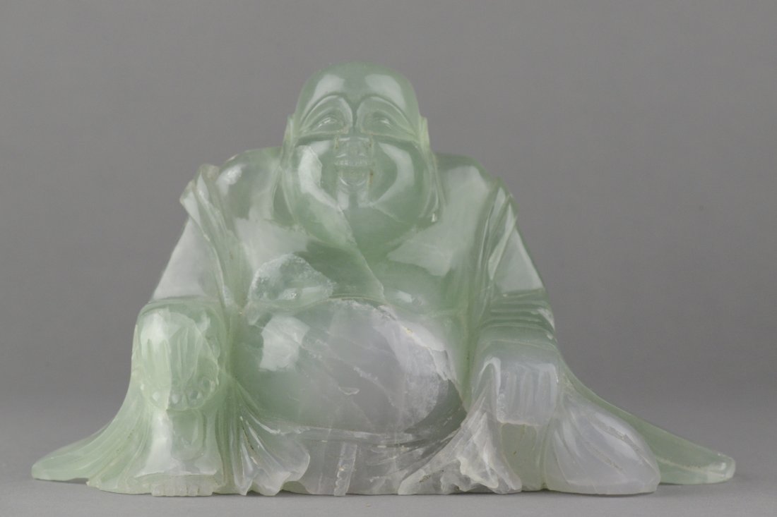 Chinese Green Quartz Carved Laughing Buddha