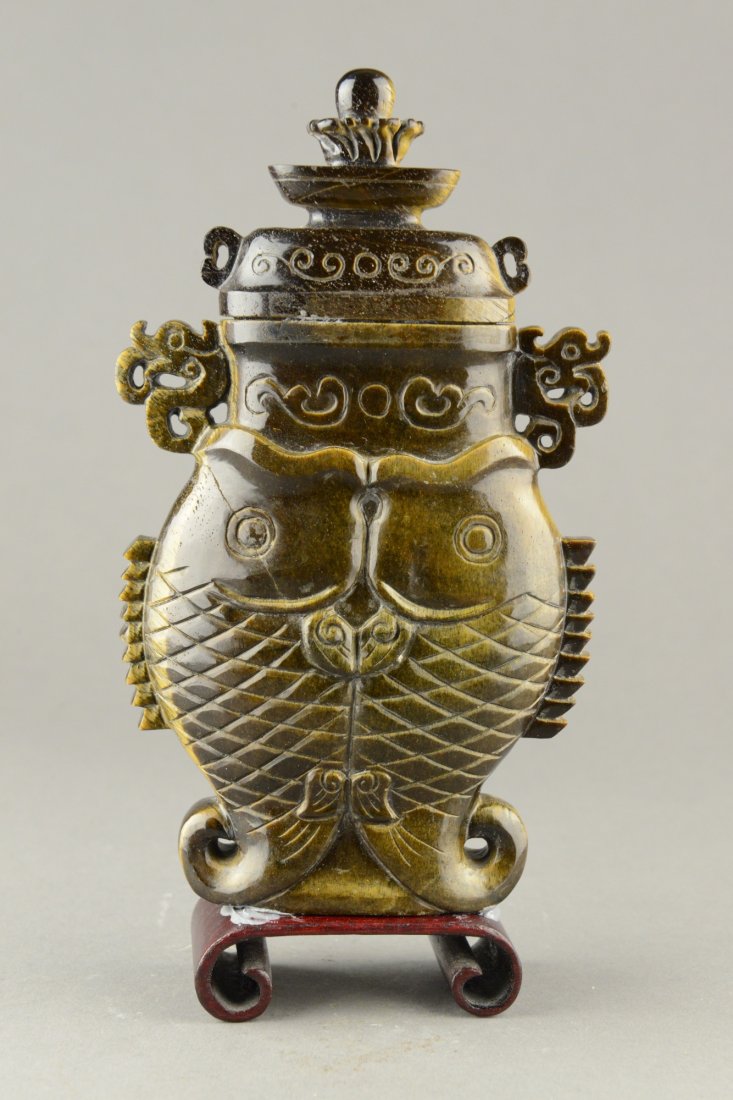 Rare Tiger Eye Stone Carved Double Fish Vase