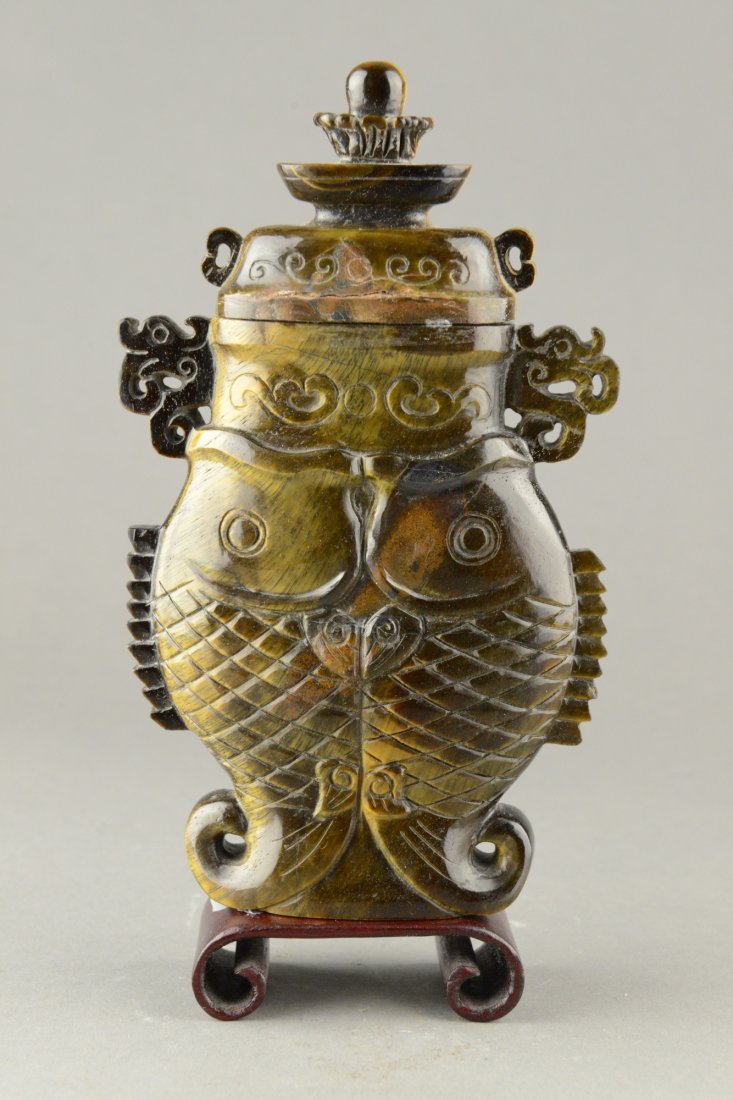 Rare Tiger Eye Stone Carved Double Fish Vase - 2