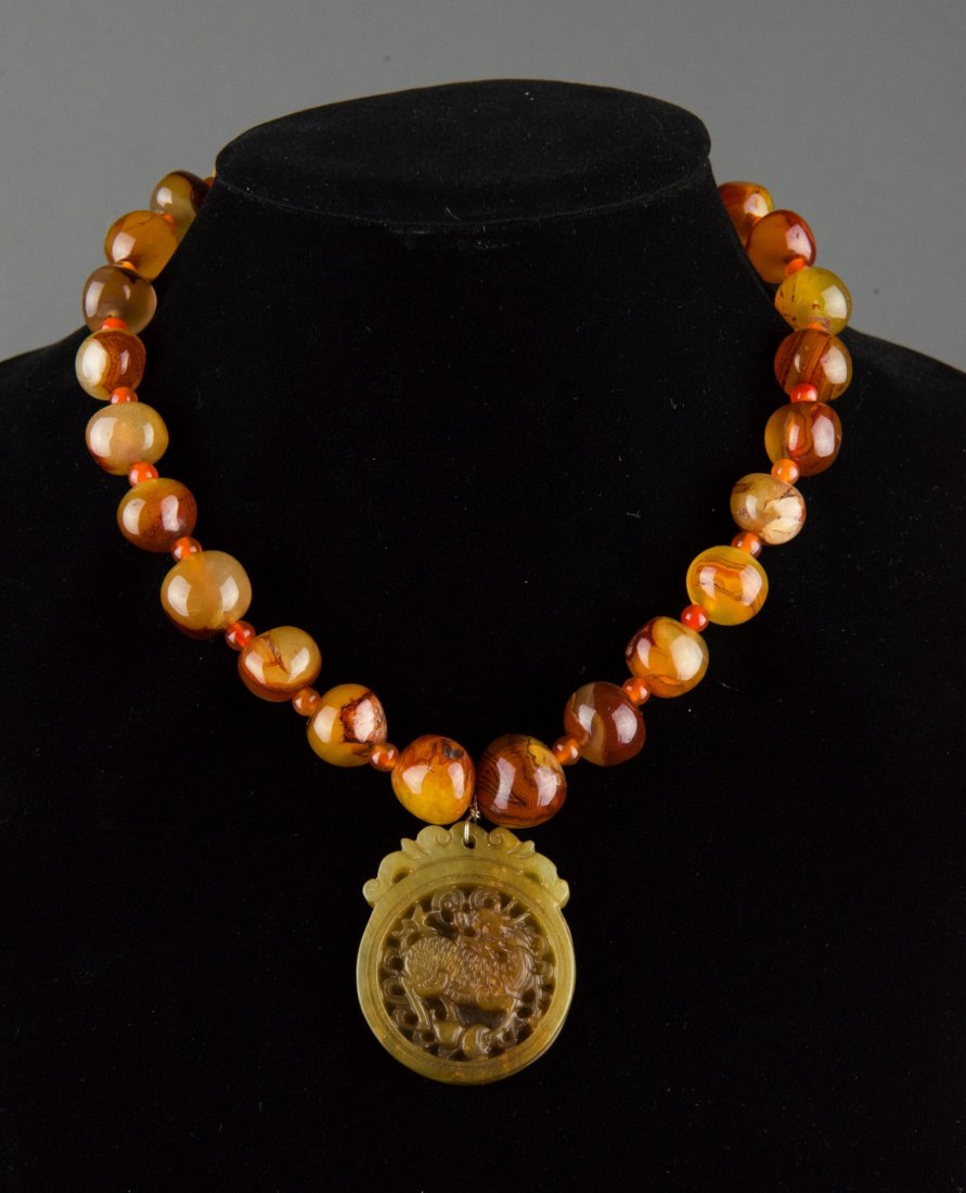 Chinese Agate Bead Necklace w 2 Hardstone Pendants - 2