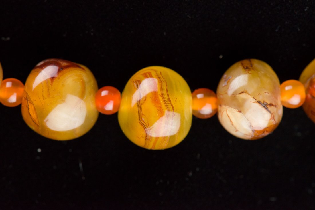 Chinese Agate Bead Necklace w 2 Hardstone Pendants - 4