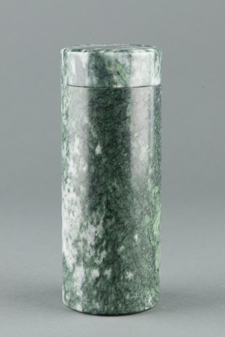 Chinese Spinach Green Hardstone Holder w Lid - 2