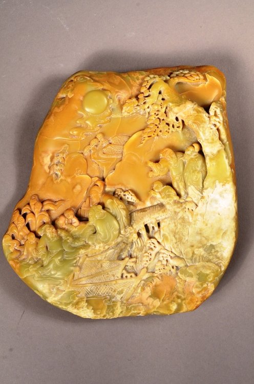 Chinese Shoushan Stone Boulder Carved Landscape