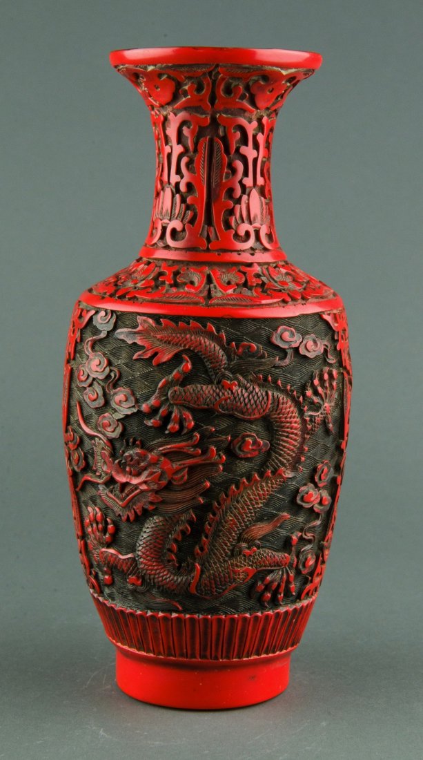 Chinese Cinnabar Red Lacquer Vase Carved Dragons Jun 06, 2013 888