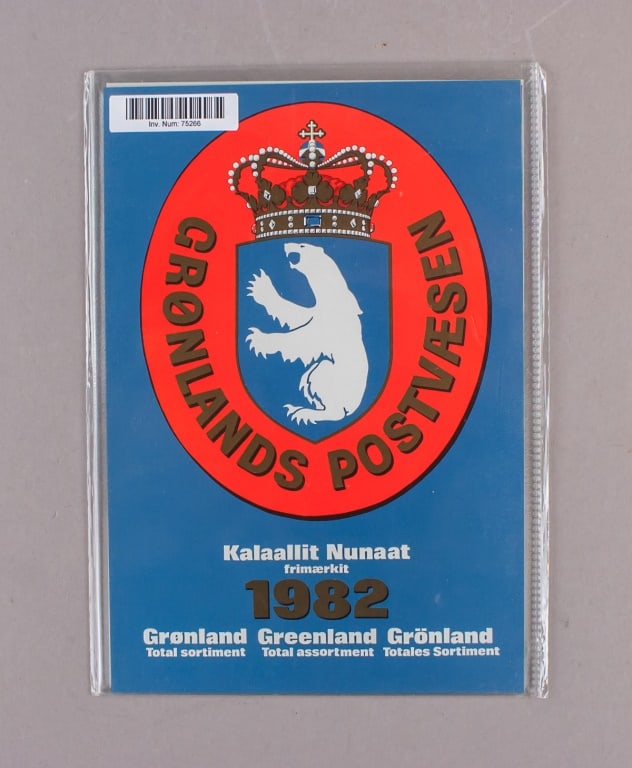 1982 Greenland Stamps Official Year Set: An official 1982 Greenland Post year set, comprising the complete annual assortment of postage stamps issued by Grønlands Postvæsen, presented in the original folder. H: 21 cm, W: 15 cm, 46g