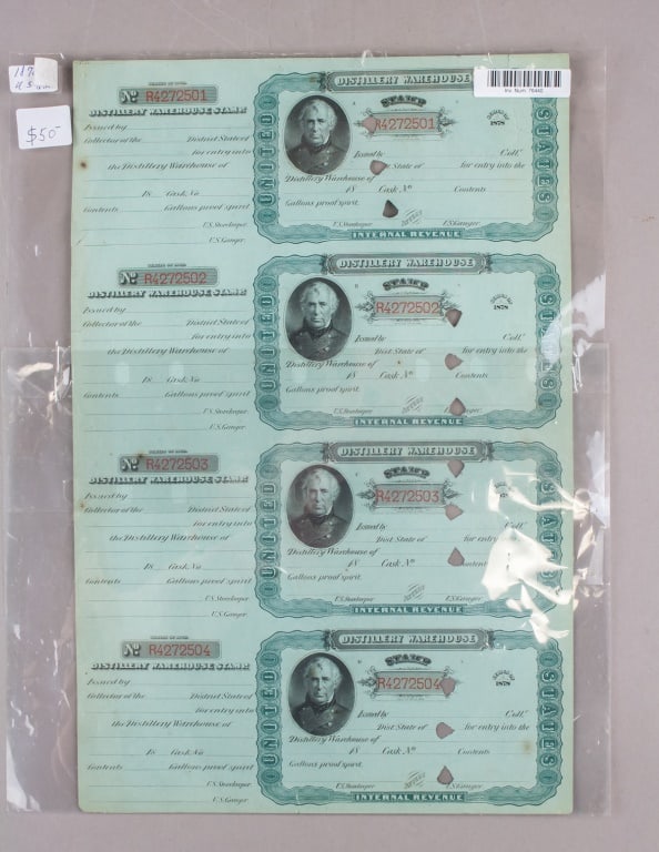 1878 US Internal Revenue Distillery Warehouse Cert: A group of four unused 1878 U.S. Internal Revenue Distillery Warehouse certificates, each printed in brown with an engraved portrait and ornate frame, bearing serial numbers. The forms show the