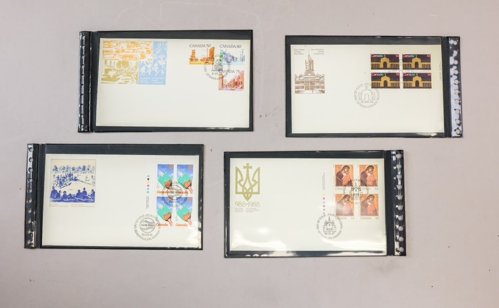 1970s - 80s Canadian First Day Covers 4pc: Four Canadian first day covers from the 1970s–80s, each in an individual protective sleeve, comprising issues postmarked in Ottawa and Don Mills with corresponding cachet illustrations. All with cle