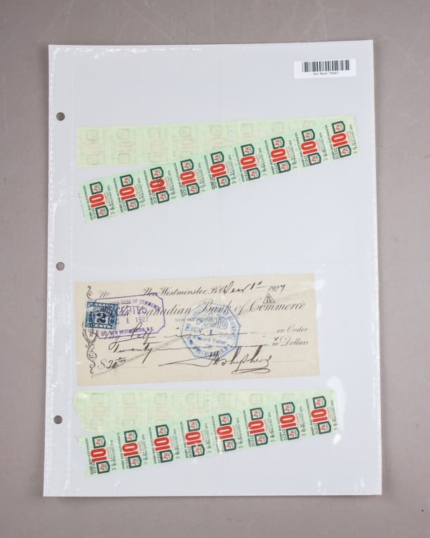 1927 Canadian Bank of Commerce Check & S&H Stamp: A 1927 Canadian Bank of Commerce cheque from New Westminster, B.C., completed in ink for $20.20 and bearing a 2-cent revenue stamp with multiple bank cancellation marks dated April 1, 1927, presented