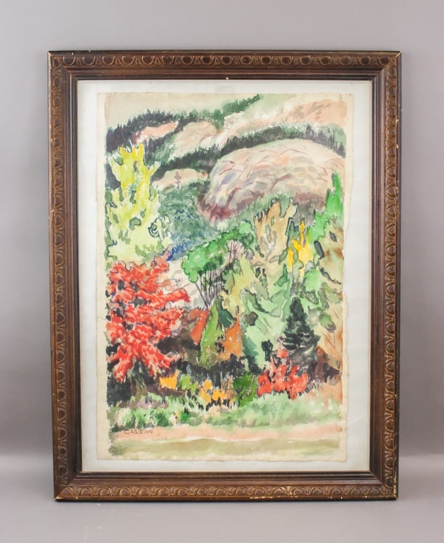 Canadian WC on Paper Signed Alfred Joseph Casson: Watercolor on paper, framed. Depicting a landscape with autumn foliage in red, yellow, and green tones, set against rolling hills and forested terrain. Executed in expressive brushwork with emphasis o