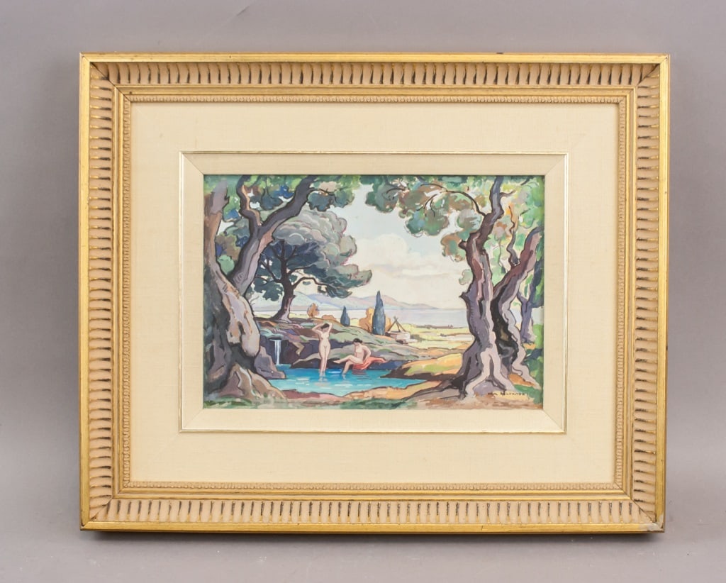 French Oil on Board Signed Paul Delormoz: Oil on board, framed. Depicting two nude figures beside a small pool set within a wooded landscape, with trees, rocky formations, and distant hills rendered in soft natural tones. The work is signed P