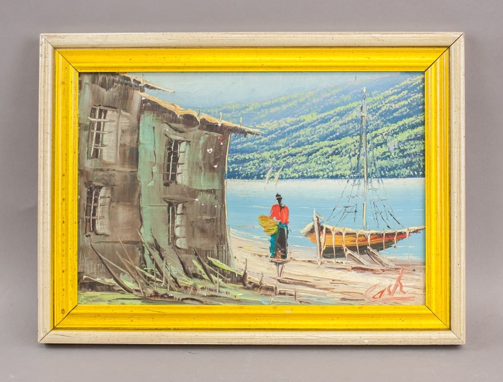 Canadian Acrylic On Canvas Signed Cash: Acrylic on canvas, framed. Depicting a coastal scene with a rustic building to the left, a docked sailboat to the right, and a figure in red standing on a sandy shore in the foreground; the background