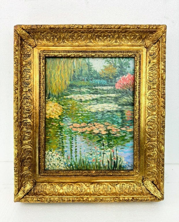 OOC Signed Claude Monet Charles Durand-Ruel: Oil on canvas, framed. Attributed to Claude Monet (1840 - 1926). This painting depicts a tranquil water-garden scene centered on a pond filled with lily pads and blooming flowers, bordered by dense gr