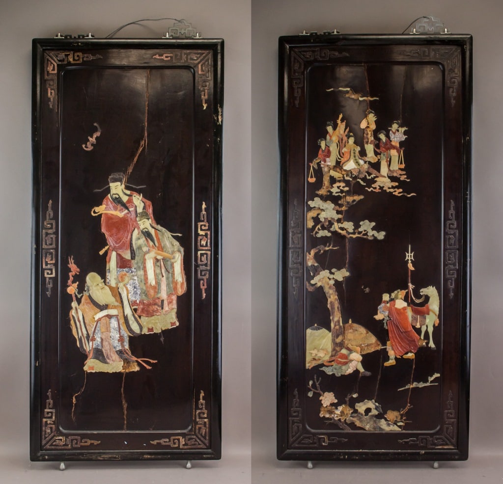 Chinese Black Lacquer & Hardstone Panels 2pc (1 of 14)