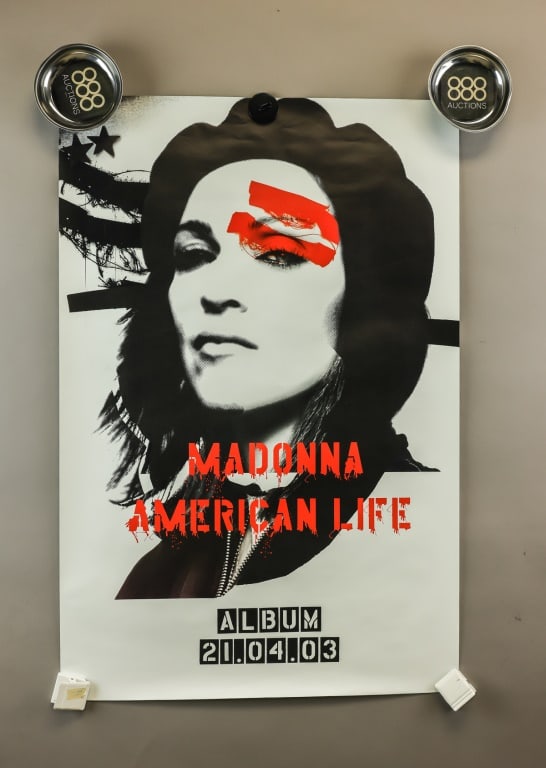 2003 Madonna American Life Album Poster Original: Original 2003 Madonna: American Life album promotional poster featuring the stylized black-and-white portrait with red graphic elements and printed release details. 76 cm x 50 cm (30" x 19 1/2"). *Thi