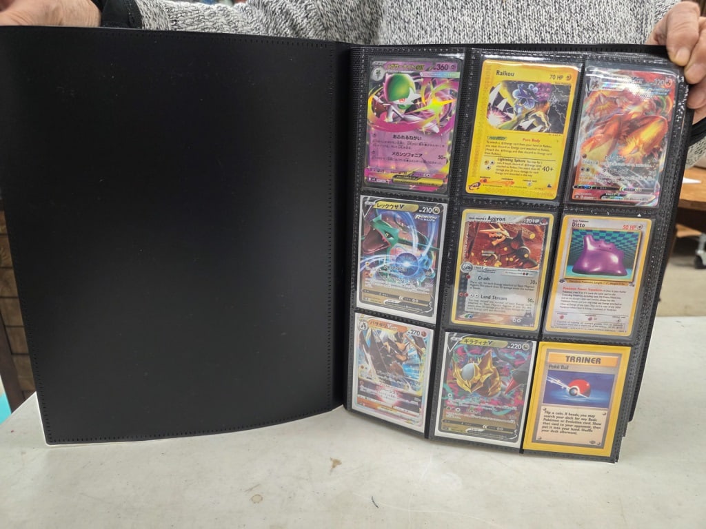 Rare Pokémon Card Collection Binder Eng & JP: Binder containing assorted English and Japanese Pokémon trading cards housed in nine-pocket sleeves, including a mix of holographic, full-art, VMAX, GX, EX, and Trainer cards. *This lot has not been