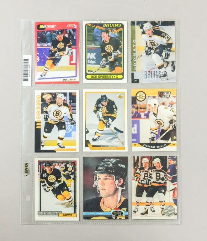 1990s NHL Boston Bruins Card Set: Set of nine Boston Bruins hockey trading cards housed in a plastic nine-pocket sleeve, including examples featuring Bob Sweeney, Ted Donato, Steve Heinze, Craig Janney, and Stéphane Quintal from vari
