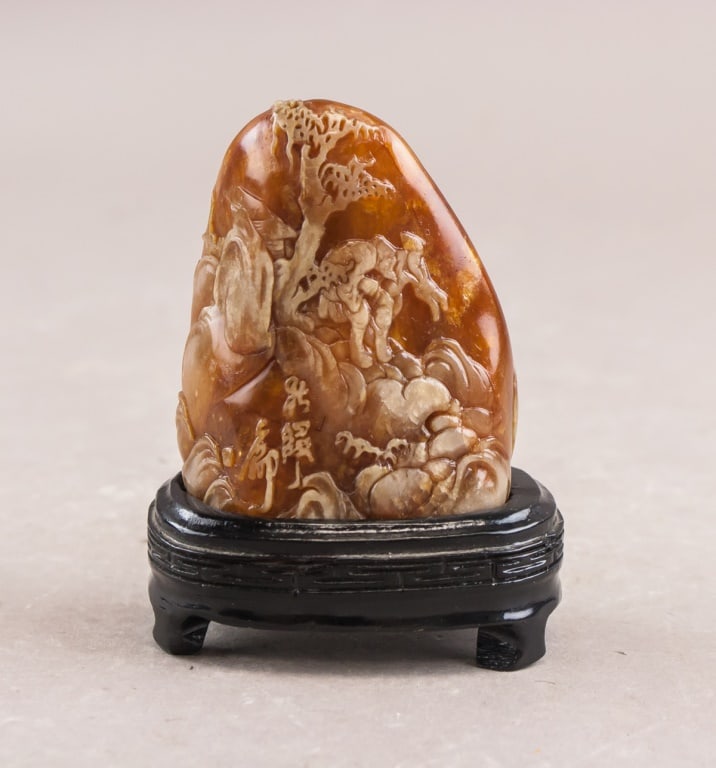Chinese Shoushan Stone Carved Boulder w/Wood Stand (1 of 10)