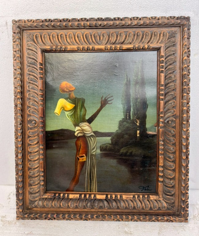 OOC Signed Salvador Dalí Museo Espanol De Arte: Oil on canvas, framed. Attributed to Salvador Dalí (1904 - 1989). Depicting a distorted elongated figure with biomorphic limbs, a skeletal head, and a drawer-like cavity in the leg, aligns closely wi