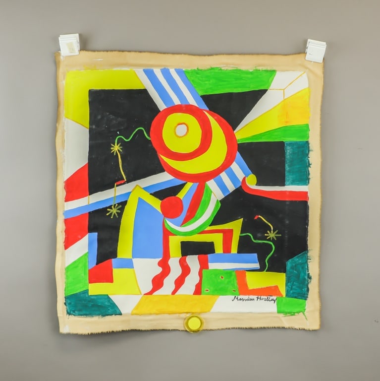 Acrylic on Canvas Signed Marsden Hartley: Acrylic on canvas. Abstract composition featuring intersecting geometric forms, curved lines, and bold areas of red, yellow, blue, green, black, and white, signed Marsden Hartley at the lower right. A