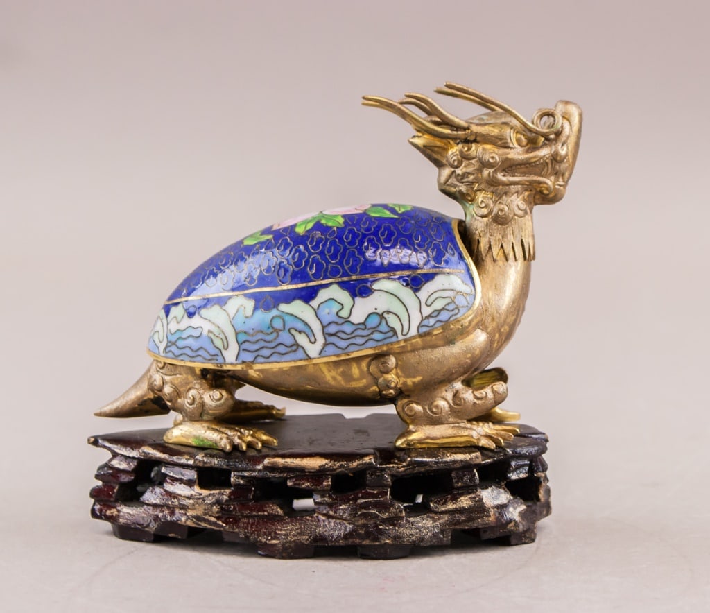 Chinese Fine Cloisonne Dragon Turtle on Stand: Chinese Cloisonne sculpture. Carved into the shape of dragon turtle on stand. 13 x 13 cm, 205 grams Country of Origin: Asia