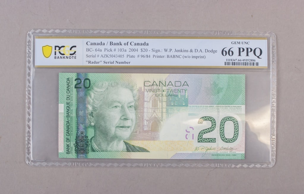 2004 PCGS Canada $20 Radar # Banknote 66 PPQ: 2004 Canada $20 banknote with a radar serial number, certified PCGS GEM UNC 66 PPQ, bearing the Jenkins–Dodge signatures and printed by BABNC without imprint; housed in its encapsulated holder with 