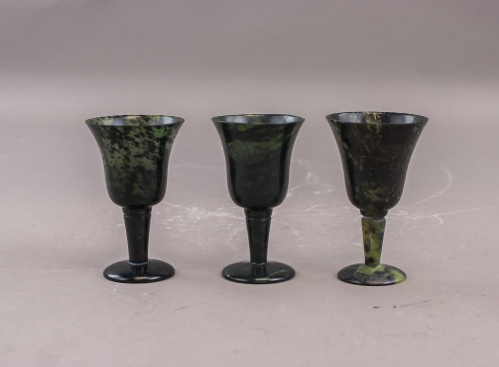 Chinese Spinach Green Jade Carved Goblets 3pc (1 of 8)