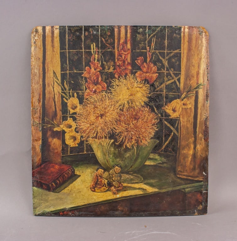 Canadian Oil on Board Signed H.Holmro: Oil on board. Depicting a green glass vase filled with yellow and red flowers placed on a windowsill, accompanied by a closed red book and two small figurines positioned at the base of the arrangement