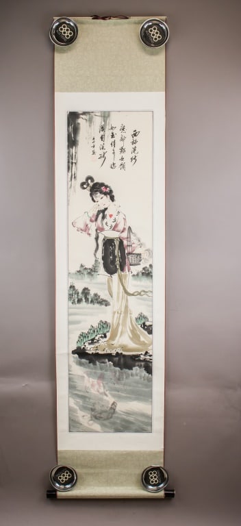 Chinese WC on Paper Scroll Signed w/ Red Seal: Watercolor on paper, hanging scroll. Depicting a standing female figure in traditional attire beside a waterside setting, rendered with soft brushwork and accompanied by vertical calligraphy at the up