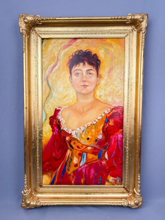 OOC Signed Gustav Klimt Galerie Matthiesen: Oil on canvas, framed. Attributed to Gustav Klimt (1862–1918). Depicting a portrait of a dark-haired figure in a vivid red-and-orange dress with lace detailing, set before a swirling yellow backgrou