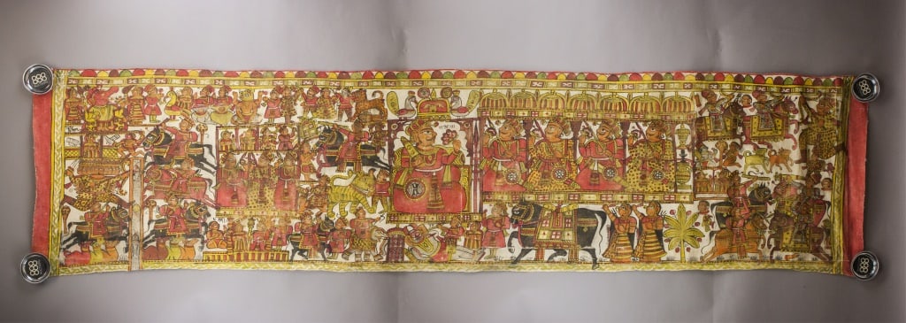 Rare Indian Mixed Media on Canvas Pabuji Ki Phad: Mixed media on canvas. In the Pabuji ki Phad tradition, depicting a continuous narrative with multiple human and animal figures arranged across a horizontal composition, including courtly scenes, moun