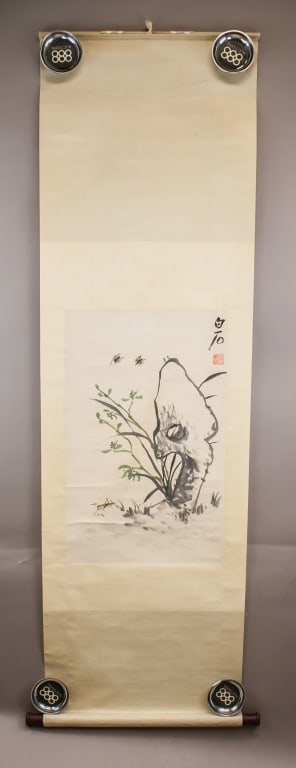 Chinese Watercolor on Paper Sgd Qi Baishi w/ Seal: Watercolor on paper, hanging scroll. The scroll depicts a rock formation with flowering plant and two bees, rendered in expressive brushwork and soft washes. Signed Baishi on top right corner. Attribu