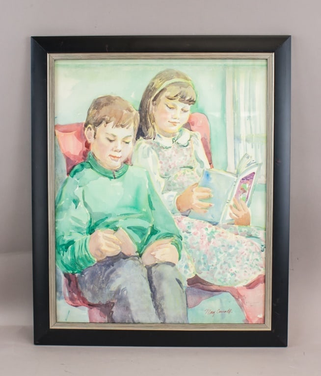 American Watercolor on Paper Signed Mary Cassatt: Watercolor on paper, framed. Depicting two children seated indoors, one reading a book and the other in quiet contemplation. The figures are rendered in soft washes with attention to gesture and domes